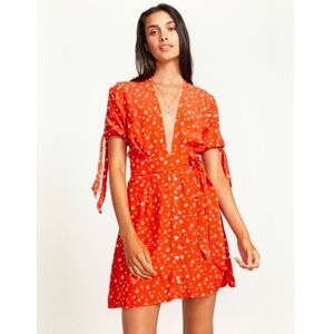 Faithfull the Brand Birgit Coral Red Floral Print Tie-Sleeve Dress Size Small